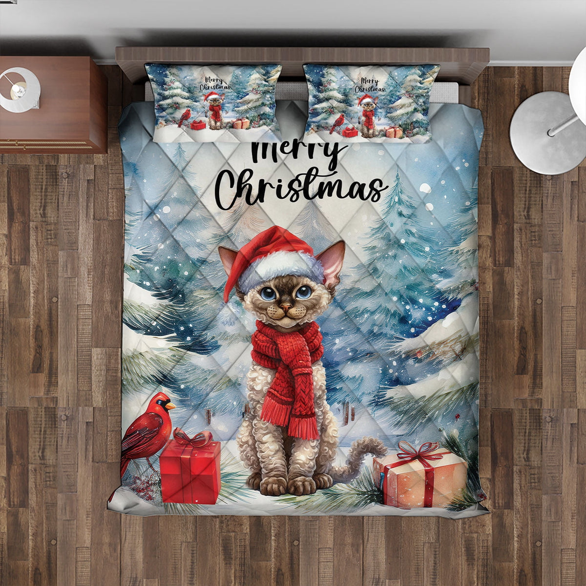 Merry Christmas Sphynx Enjoys Catmas Winter Xmas Holiday Quilt Bedding Set Cat Lover Kitten Owner Gifts Idea 1 Blanket Bed Cover 2 Pillowcases - 02022