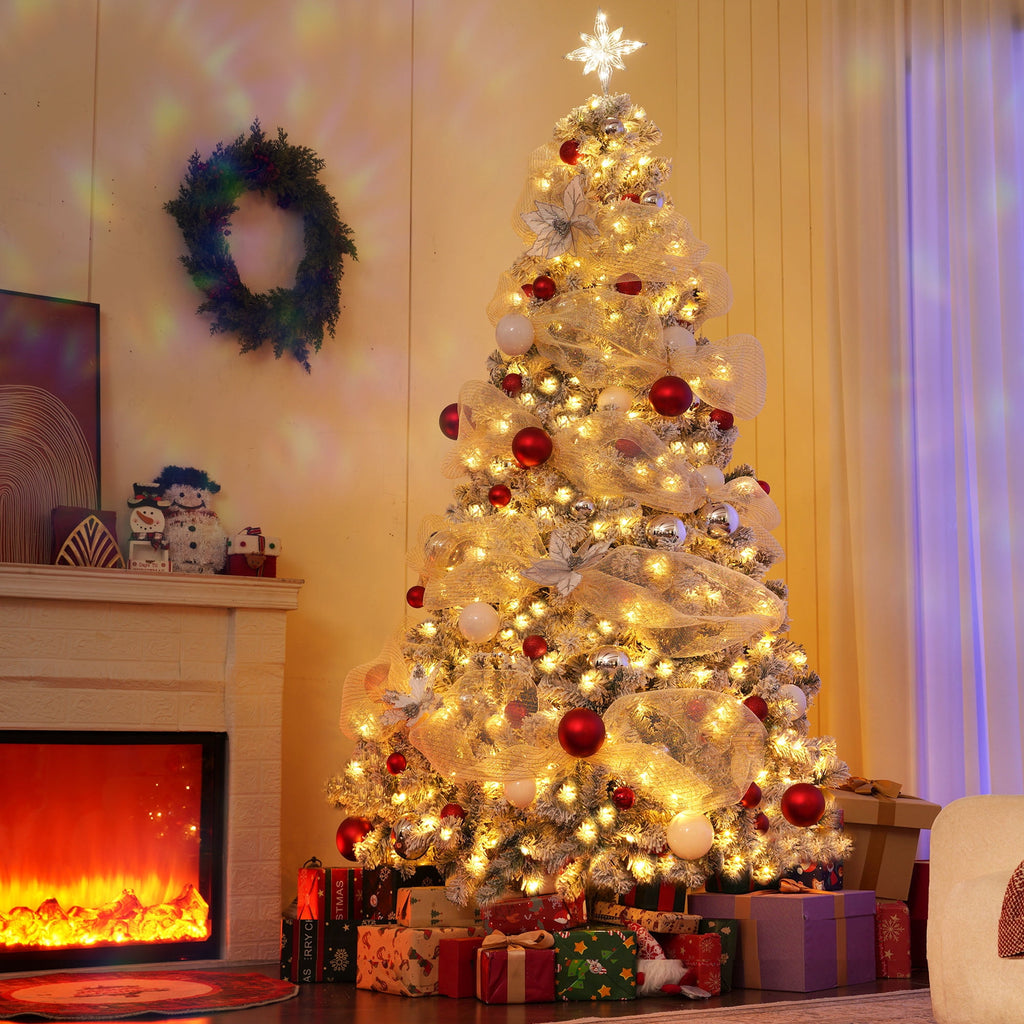 Yexmas 7.5ft Pre-Lit Snowflake Flocked Christmas Tree,8 Modes LED Lights,Artificial Xmas Tree with Storage Bag