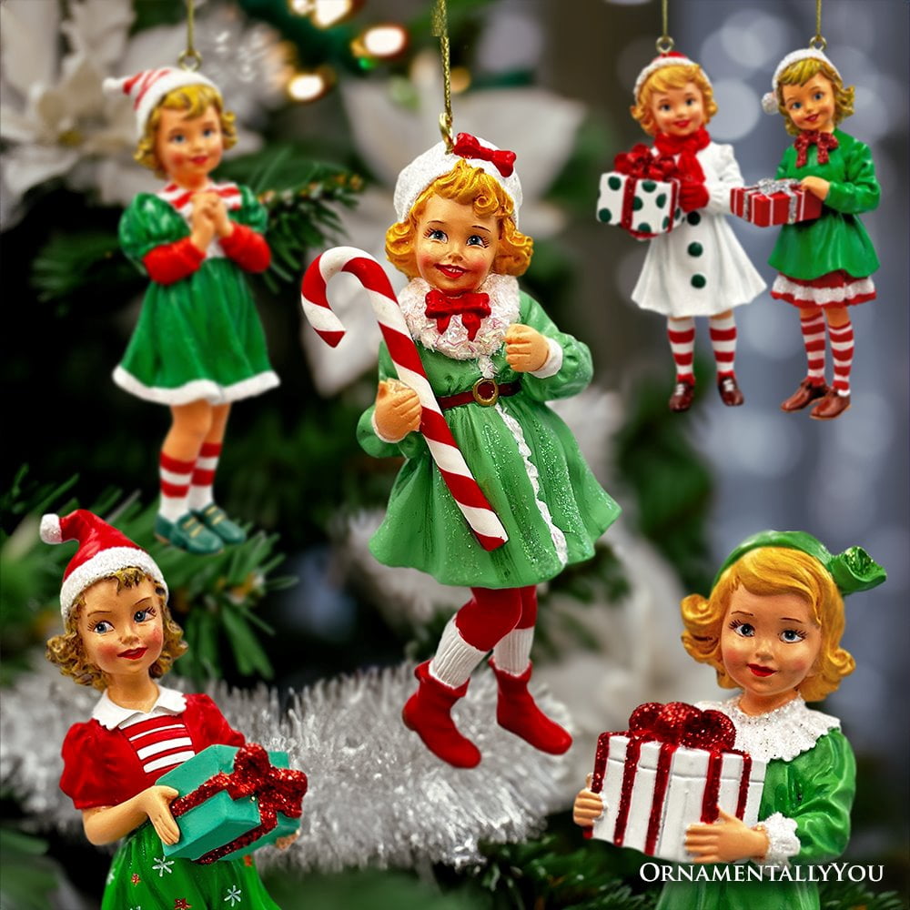 Nostalgic Victorian Christmas Girl Charming Set of 6 Ornaments, Vintage Old Fashioned Resin Holiday Decoration