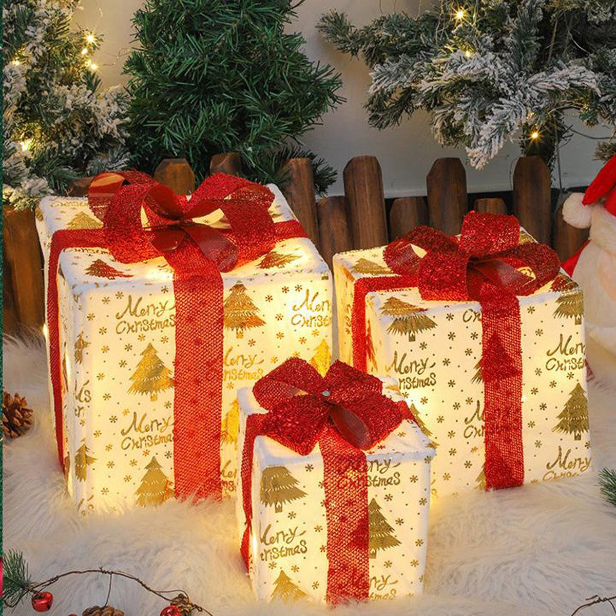 Summercome Christmas Glowing Decoration,Gift Box Ornament with Christmas Lighting Box,Outdoor Light Lighting Christmas Box,Outdoor Gift Decoration for Indoor Outdoor Xmas Tree Home Yard Lawn Set of 3