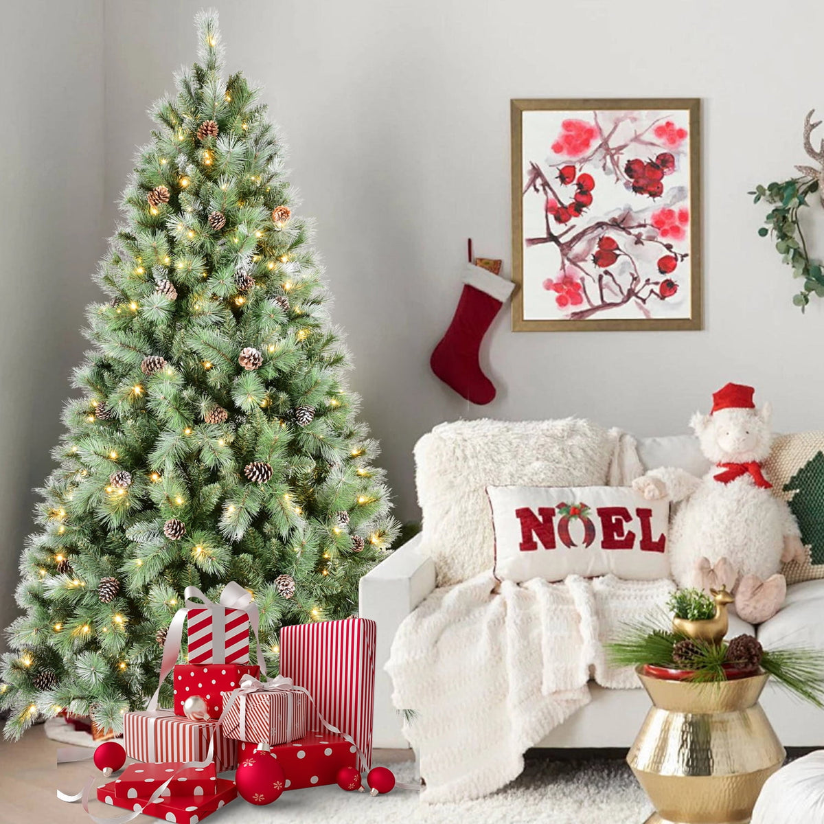 Acpouw 6FT Christmas Tree with 300 Warm White LED Lights – 988 PVC & Hard Needle Tips, 66 Pine Cones, Hinged Branch Design, Sturdy Metal Stand – Full Realistic Holiday Tree
