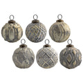 AuldHome Design Farmhouse Ball Ornaments (Set of 6, Gold/Silver); Distressed Metal Glass Ball Vintage Style Christmas Decorations