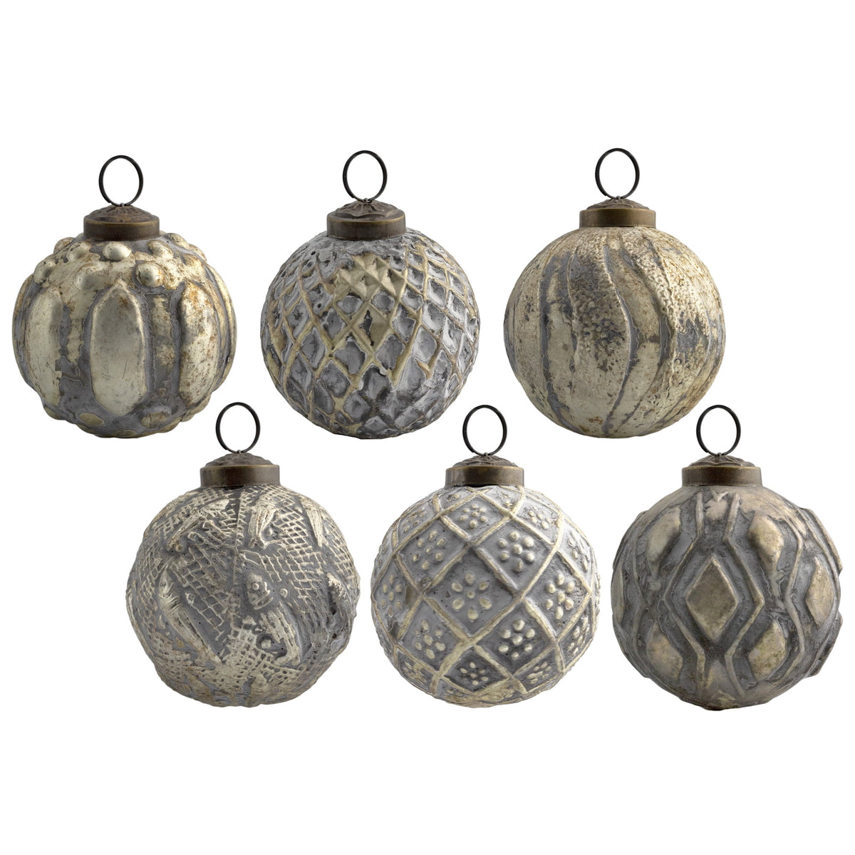 AuldHome Design Farmhouse Ball Ornaments (Set of 6, Gold/Silver); Distressed Metal Glass Ball Vintage Style Christmas Decorations