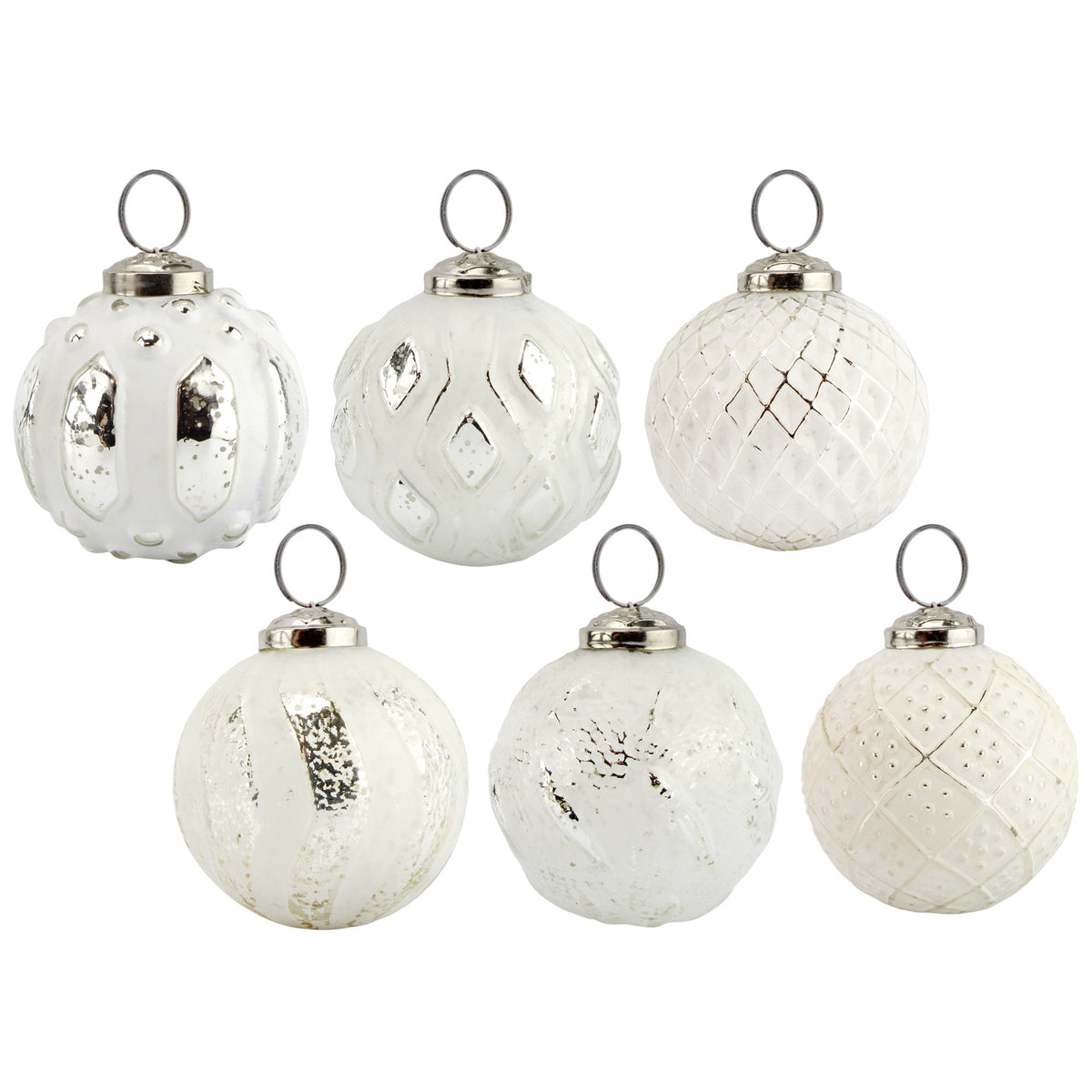 AuldHome Design Farmhouse Ball Ornaments (Set of 6, Gold/Silver); Distressed Metal Glass Ball Vintage Style Christmas Decorations