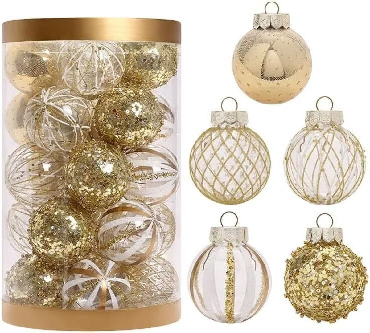 BENESKY 25 pcs Christmas Tree Ornament Balls, 2.4" Clear Shatterproof Christmas Decoration Balls, PET Painted Christmas Ball Set for Christmas Tree Decorations, Red & Gold