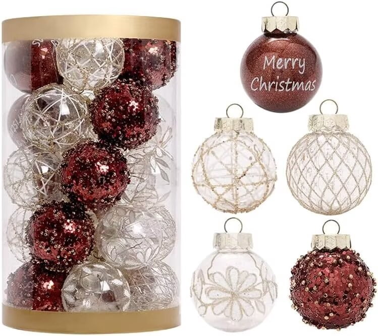 BENESKY 25 pcs Christmas Tree Ornament Balls, 2.4" Clear Shatterproof Christmas Decoration Balls, PET Painted Christmas Ball Set for Christmas Tree Decorations, Red & Gold