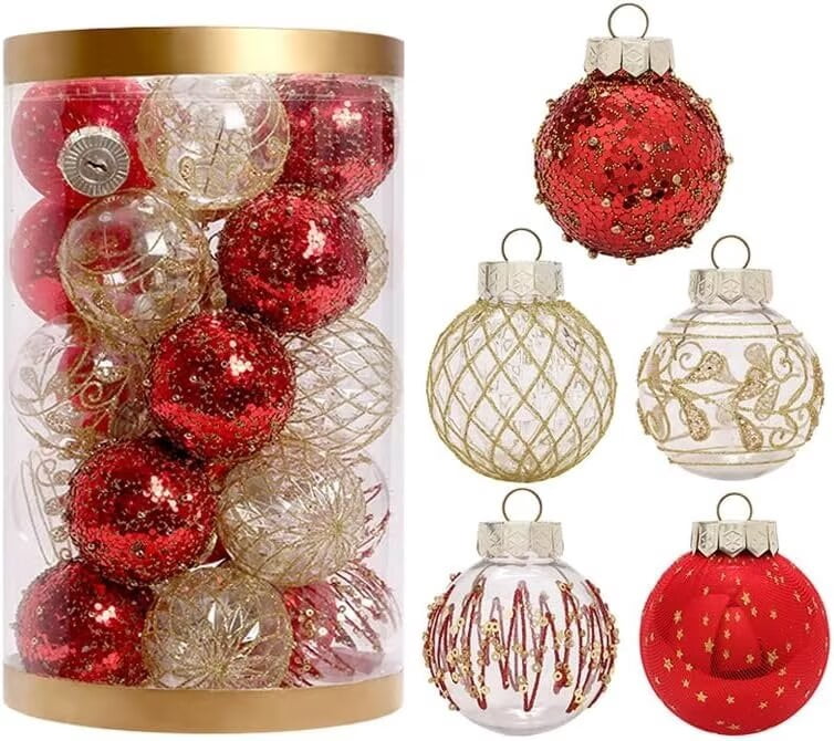 BENESKY 25 pcs Christmas Tree Ornament Balls, 2.4" Clear Shatterproof Christmas Decoration Balls, PET Painted Christmas Ball Set for Christmas Tree Decorations, Red & Gold