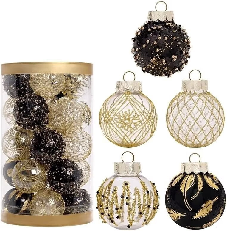 BENESKY 25 pcs Christmas Tree Ornament Balls, 2.4" Clear Shatterproof Christmas Decoration Balls, PET Painted Christmas Ball Set for Christmas Tree Decorations, Red & Gold