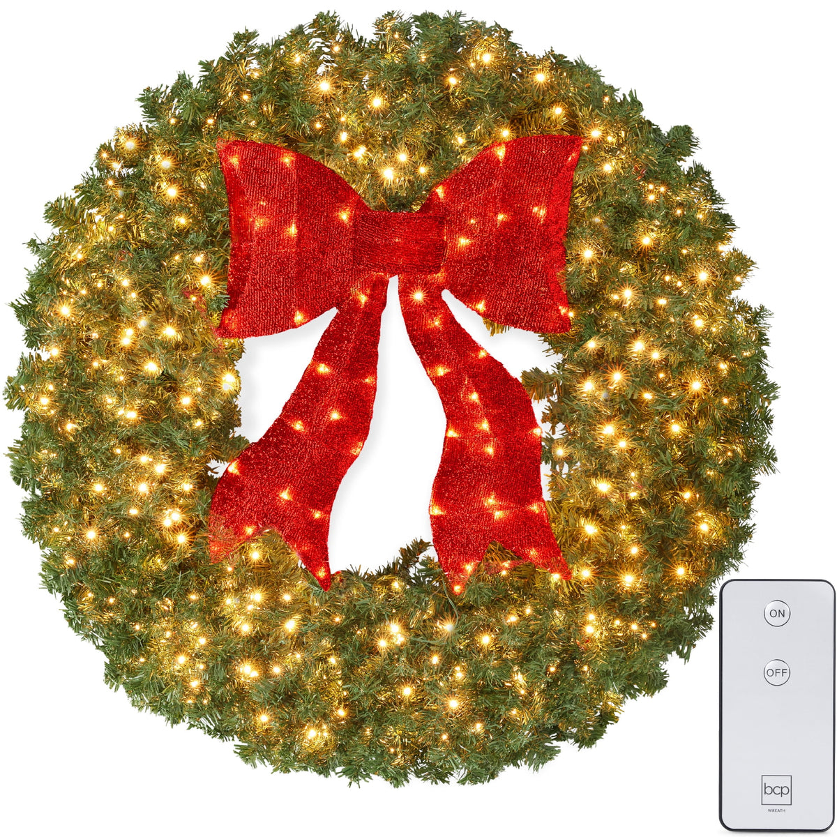 Best Choice Products 48in Artificial Pre-Lit Fir Christmas Wreath Decor w/ Red Bow, 250 LED Lights, 714 Tips, Plug-In