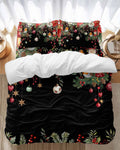 Black Christmas Bedding Duvet Cover Set Full Size 4 Pieces Xmas Poinsettia Balls Botanical Birds Bedding Set with Zipper Closure, 1 Comforter Cover 86x90 Inches 1 Flat Sheet & 2 Pillow Cases
