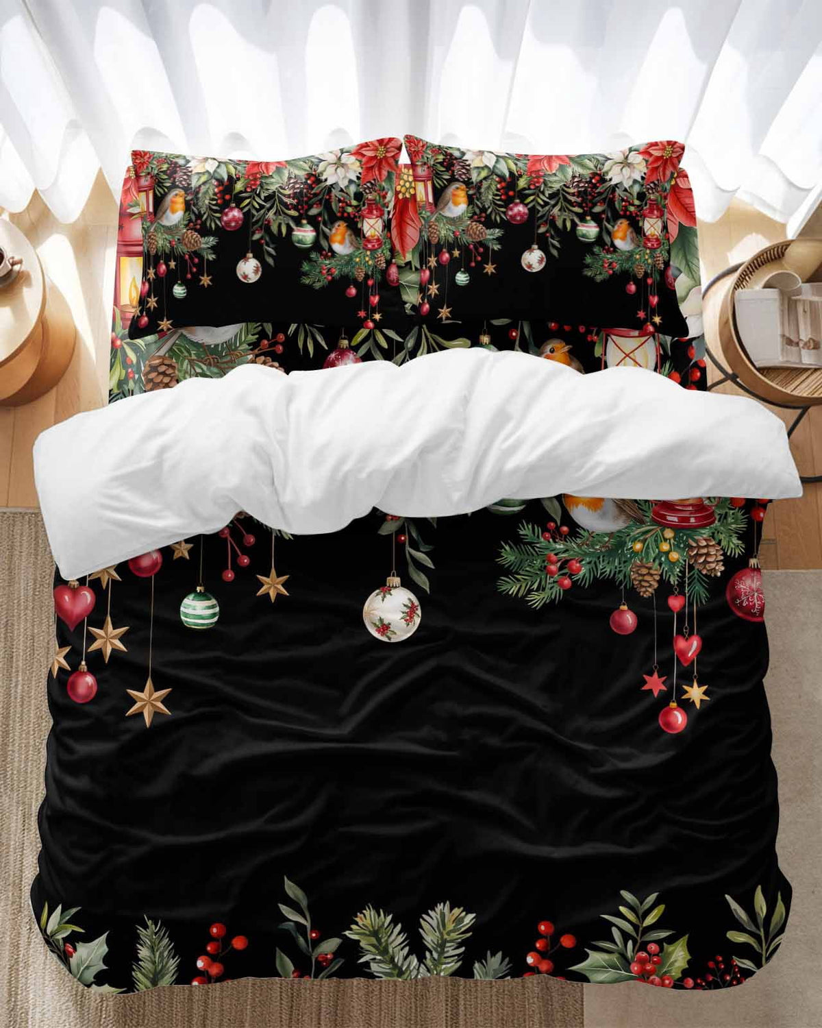Black Christmas Bedding Duvet Cover Set Full Size 4 Pieces Xmas Poinsettia Balls Botanical Birds Bedding Set with Zipper Closure, 1 Comforter Cover 86x90 Inches 1 Flat Sheet & 2 Pillow Cases