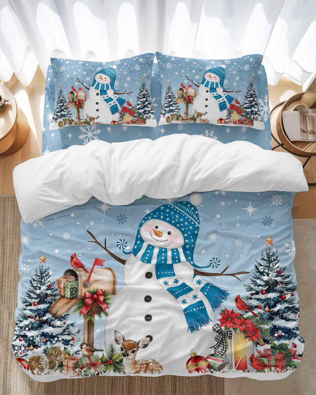 Blue Christmas Snowman Bedding Duvet Cover Set Twin Size 4 Pieces Xmas Tree Elk Balls Snowflake Bedding Set with Zipper Closure, 1 Comforter Cover 68x90 Inches 1 Flat Sheet & 2 Pillow Cases