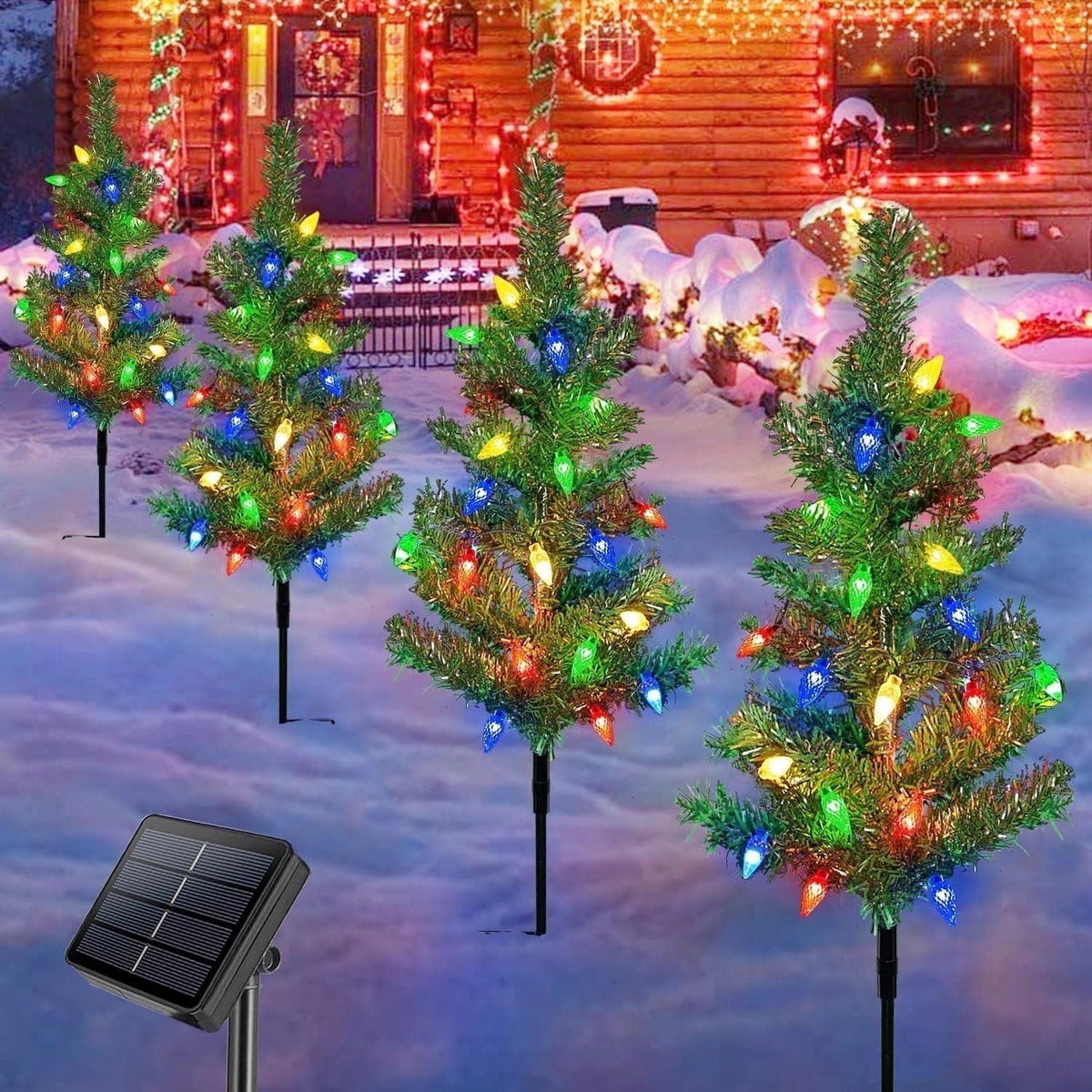 COCOBELA 4 Set Solar Christmas Tree 80pcs Multicolor LED Christmas Lights for Outdoor Christmas Decorations,Solar Powered Prelit Small Christmas Tree for Outside Pathway Garden Yard Decor