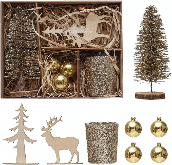 Candle Garden Kit with Bottle Brush Tree, Tealight, Glass Ornaments and Wood Figures, Boxed Set of 8