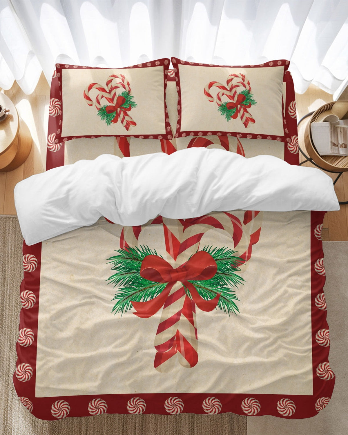 Candy Cane Bow Bedding Duvet Cover Set King Size 4 Pieces Christmas Winter Retro Bedding Set with Zipper Closure, 1 Comforter Cover 92x106 Inches 1 Flat Sheet & 2 Pillow Cases