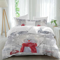 Christmas Duvet Cover Set Twin Size, Cute Red Snowman Pine Branches Winter Snowfall 4 Piece Soft Microfiber Bedding Set with 1 Duvet Cover, 1 Flat Sheet, 2 Pillowcases