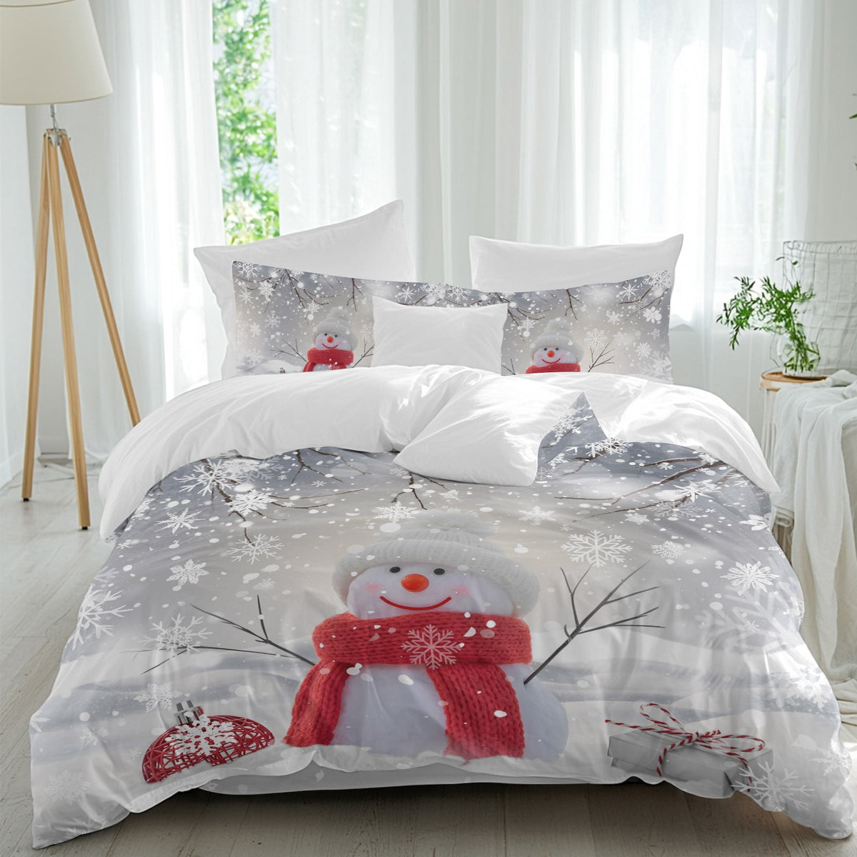 Christmas Duvet Cover Set Twin Size, Cute Red Snowman Pine Branches Winter Snowfall 4 Piece Soft Microfiber Bedding Set with 1 Duvet Cover, 1 Flat Sheet, 2 Pillowcases