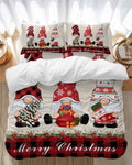 Christmas Dwarfs Bedding Duvet Cover Set Full Size 4 Pieces Winter Hat Gnome Poinsettia Retro Linen Plaid Bedding Set with Zipper Closure,1 Comforter Cover 86x90 Inches 1 Flat Sheet & 2 Pillow Cases