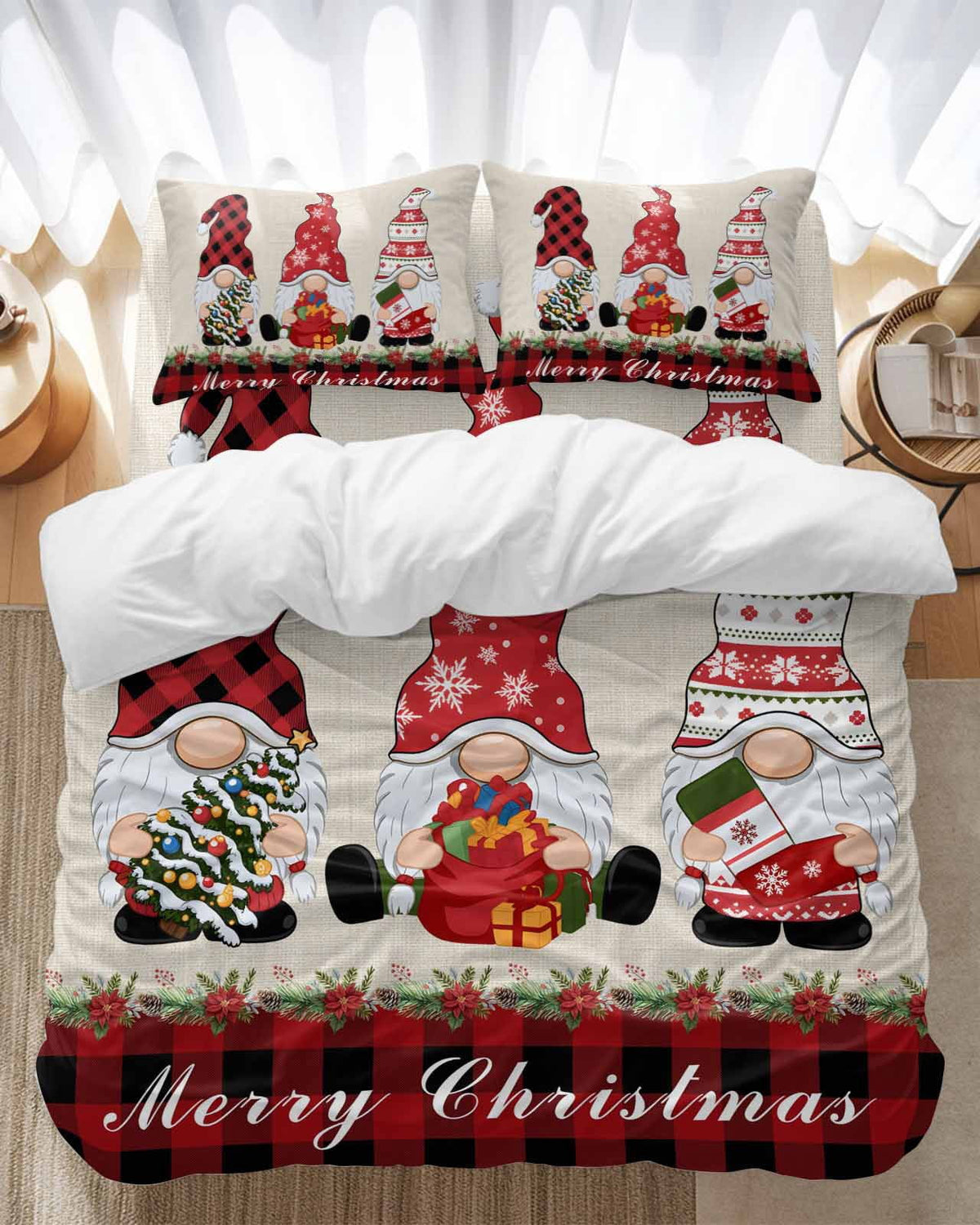 Christmas Dwarfs Bedding Duvet Cover Set Full Size 4 Pieces Winter Hat Gnome Poinsettia Retro Linen Plaid Bedding Set with Zipper Closure,1 Comforter Cover 86x90 Inches 1 Flat Sheet & 2 Pillow Cases