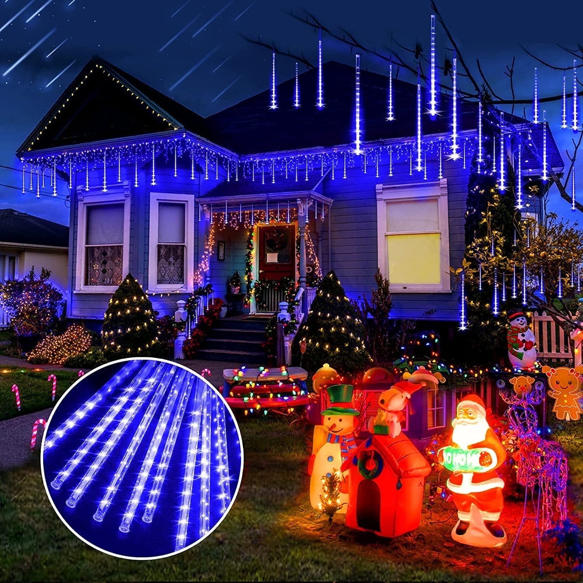 Christmas Lights, Christmas Lights Outdoor, Meteor Shower Lights 12 Inch 8 Tube 192 LED, Raindrop Snowfall Lights for Tree Yard Party Patio Christmas Decorations Lights, Blue