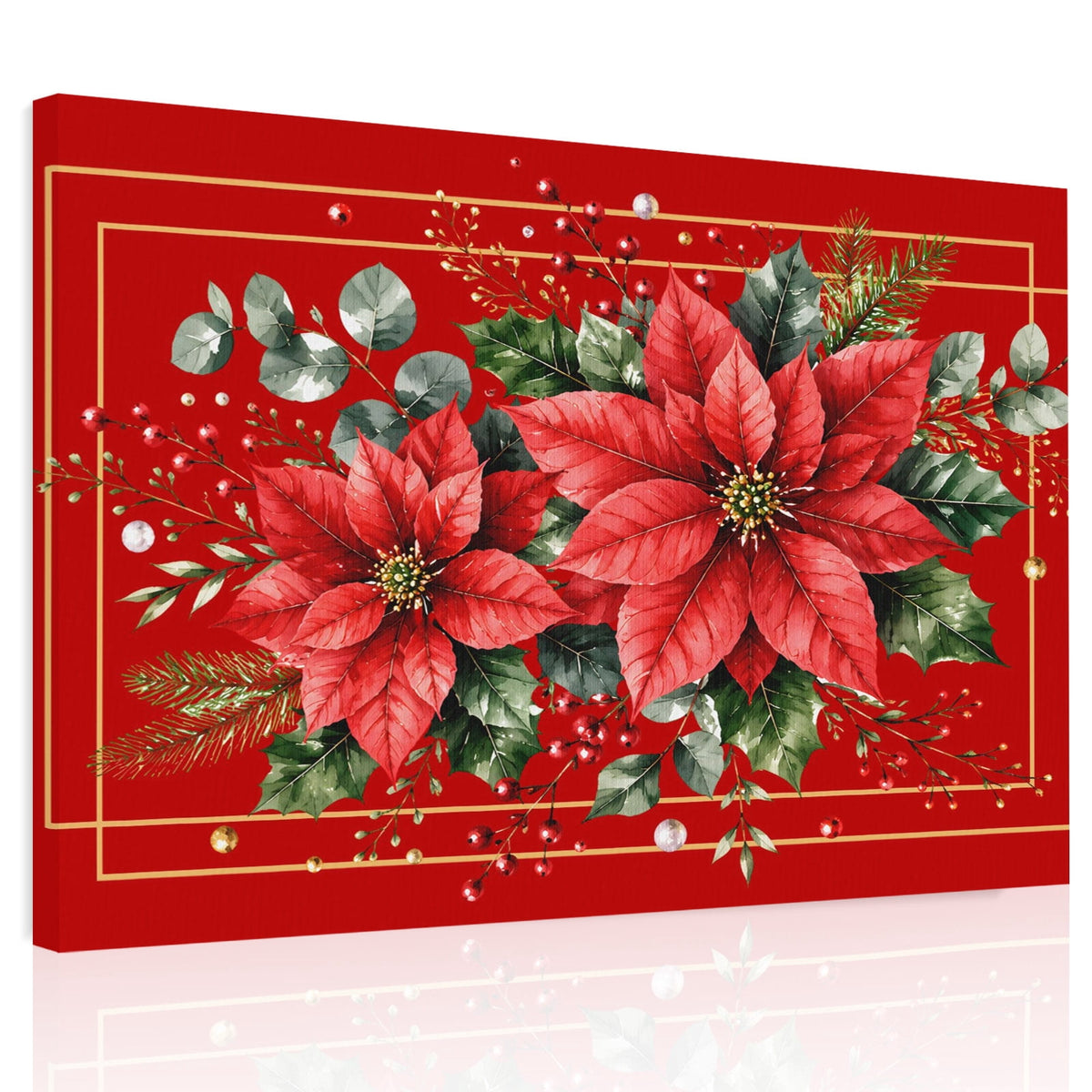 Christmas Poinsettia Flower Canvas Print Wall Art Festive Eucalyptus Leaves Red Base Wall Decor Modern Artwork Paintings Pictures for Living Room Stretched and Framed Ready to Hang - 24" x 32"