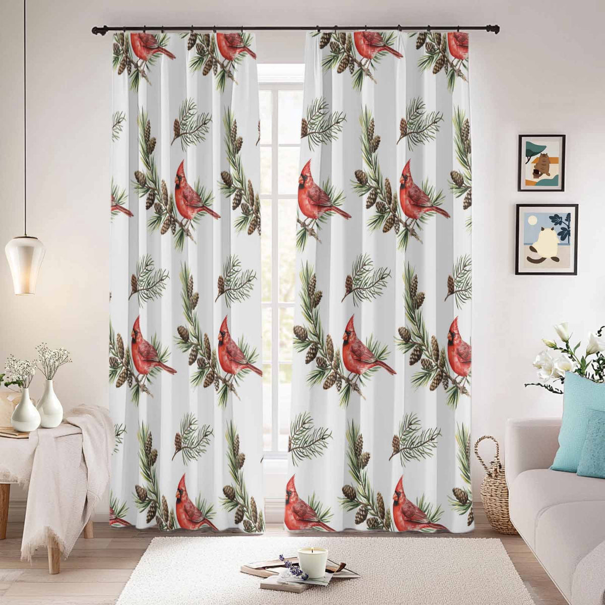 Christmas Red Cardinal Birds Blackout Curtains for Bedroom/Living Room, Pinch Pleated Black Out Curtains, Xmas Pine Branch Cones Rustic Room Darkening Window Drapes with Hooks 2 Panels, 39"x70"