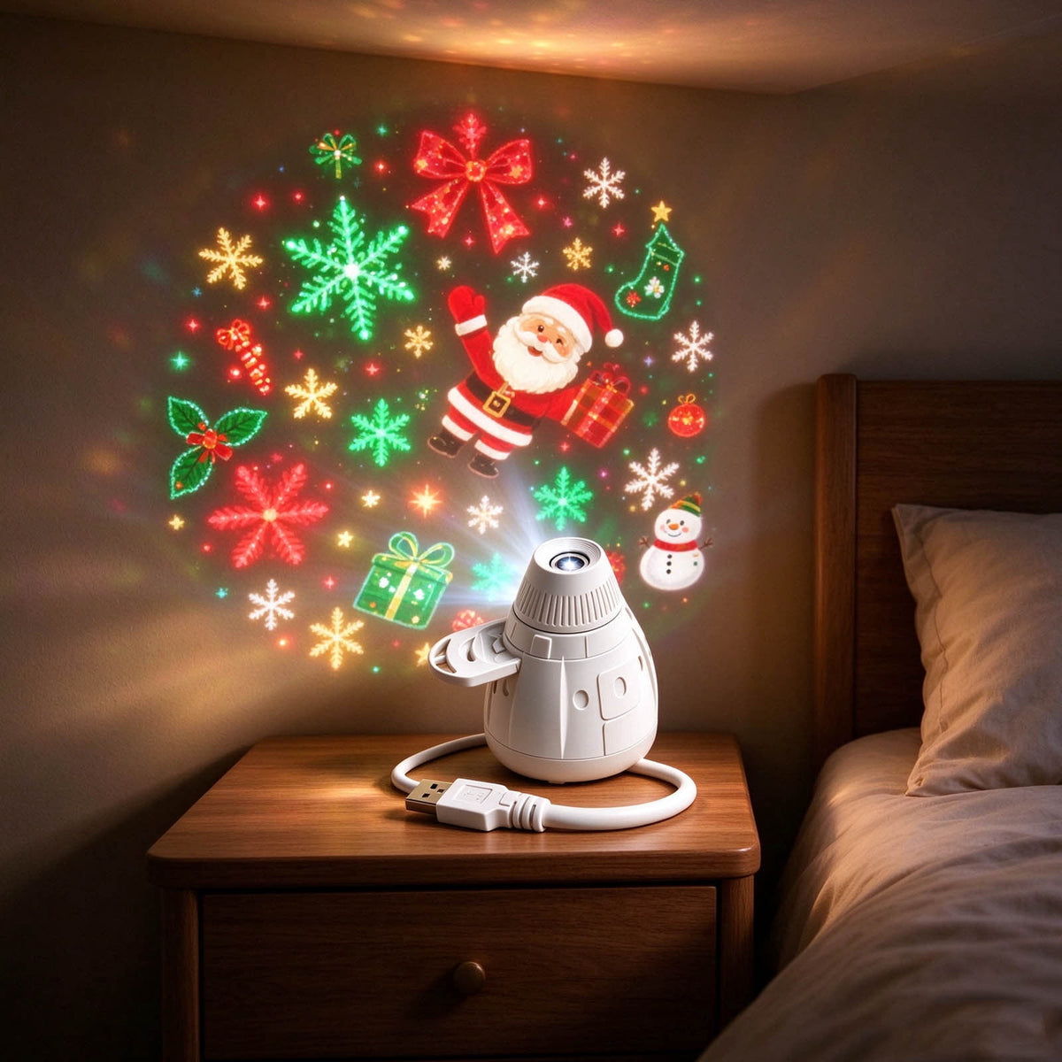 Magical Christmas Projection Night Light, USB Powered Holiday Projector with Festive Wall and Ceiling Effects for Bedroom, Living Room and Christmas Party Ambiance