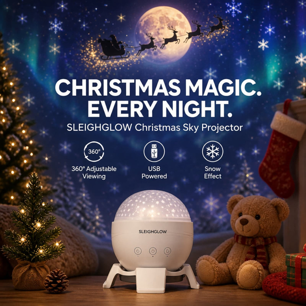 Magical Christmas Projection Night Light, USB Powered Holiday Projector with Festive Wall and Ceiling Effects for Bedroom, Living Room and Christmas Party Ambiance