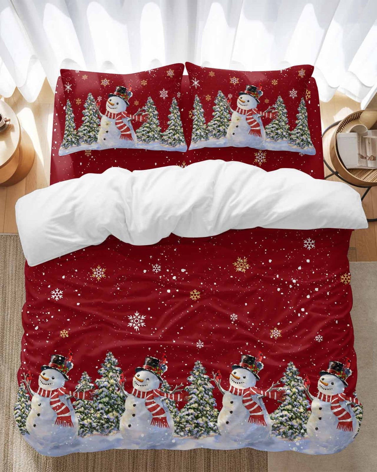 Christmas Snowman Bedding Duvet Cover Set Queen Size 4 Pieces Winter Christmas Tree Snowflake Red Bedding Set with Zipper Closure, 1 Comforter Cover 90x90 Inches 1 Flat Sheet & 2 Pillow Cases