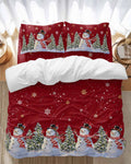 Christmas Snowman Bedding Duvet Cover Set Queen Size 4 Pieces Winter Christmas Tree Snowflake Red Bedding Set with Zipper Closure, 1 Comforter Cover 90x90 Inches 1 Flat Sheet & 2 Pillow Cases