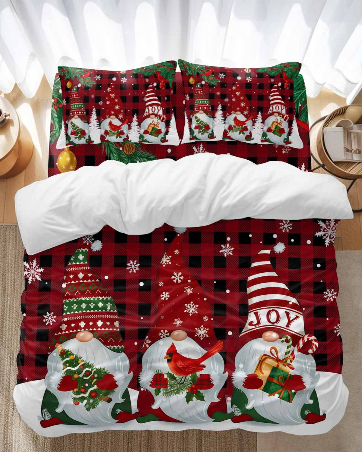 Christmas Snowman Bedding Duvet Cover Set Twin Size 4 Pieces Pine Christmas Tree Snowflakes Red Plaid Bedding Set with Zipper Closure, 1 Comforter Cover 68x90 Inches 1 Flat Sheet & 2 Pillow Cases