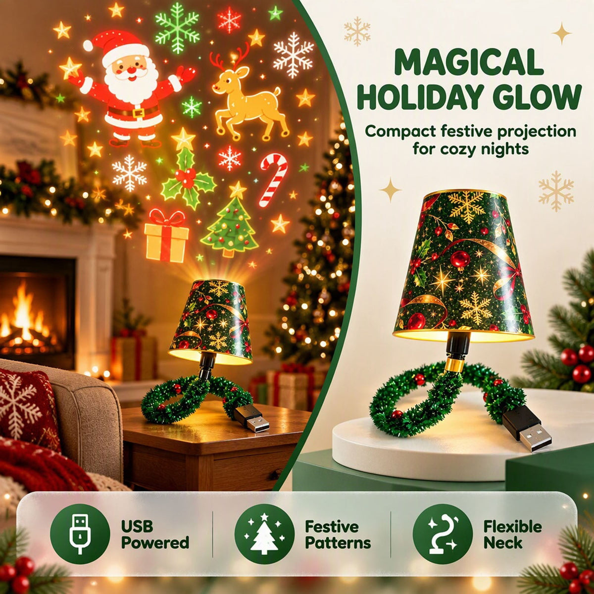 Magical Christmas Projection Night Light, USB Powered Holiday Projector with Festive Wall and Ceiling Effects for Bedroom, Living Room and Christmas Party Ambiance