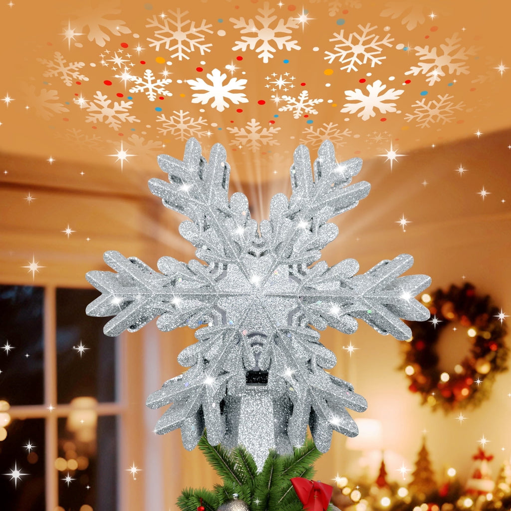 Christmas Tree Topper, Snowflake Tree Toppers Lighted Indoor with Rotating 3D Snowflake LED Projector, Hollow Glitter Lighted for Christmas Tree Decorations Holiday Ornaments, Sliver