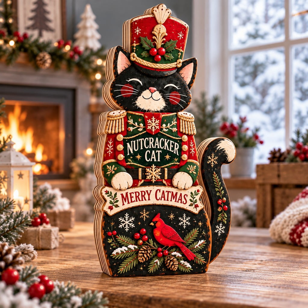Christmas Wooden Block Nutcracker 3 Layer Tabletop Display for Feline Lovers