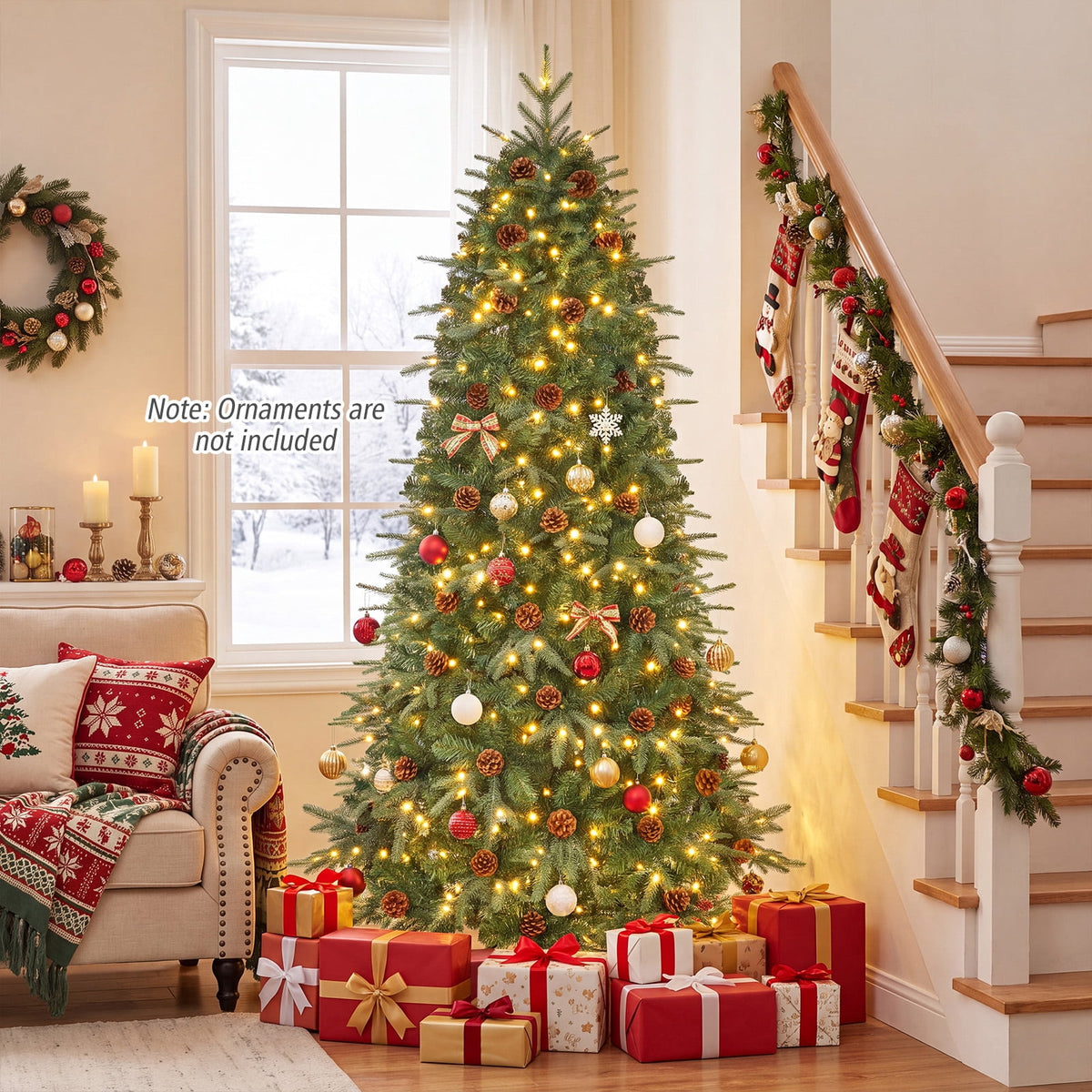 Costway 8Ft Pre-Lit Christmas Tree Hinged 600 LED Lights Pine Cones