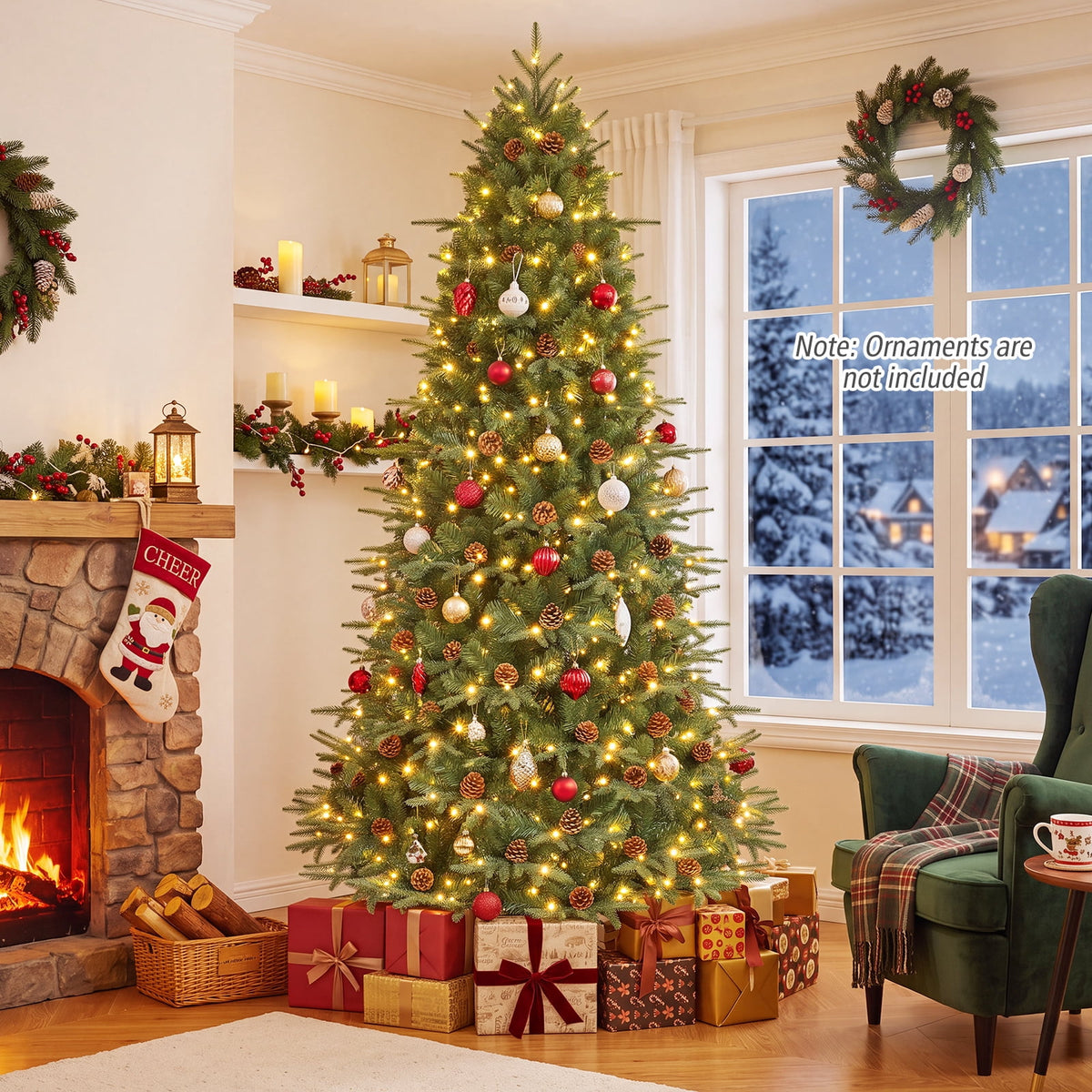 Costway 8Ft Pre-Lit Christmas Tree Hinged 600 LED Lights Pine Cones