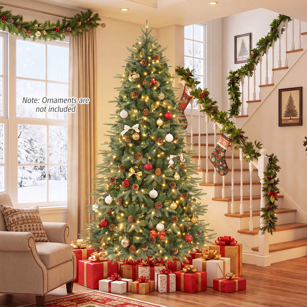 Costway 8Ft Pre-Lit Christmas Tree Hinged 600 LED Lights Pine Cones