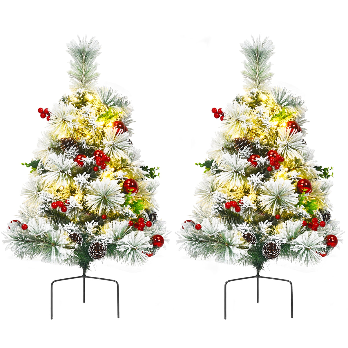Costway Set of 2 29 in Battery Powered Pre-lit Pathway Flocked Christmas Trees Outdoor