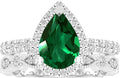 Divine Creation 14K White Gold Plated 2.50 Ct Pear Cut Green Emerald Christmas Thanksgiving Wedding Bridal Ring Set 925 Sterling Silver For Women's -10