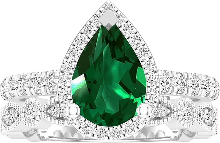 Divine Creation 14K White Gold Plated 2.50 Ct Pear Cut Green Emerald Christmas Thanksgiving Wedding Bridal Ring Set 925 Sterling Silver For Women's -10