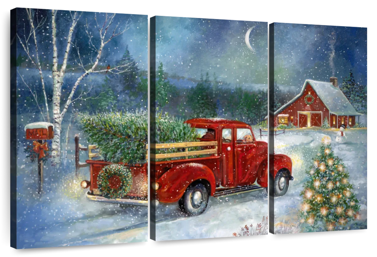 Elephant Stock Moonlit Skaters Wall Art - Horizontal Multi Panel Canvas - Living Room Wall Decor - Holiday Multi Panel - Blue And White Decor By Marilyn Dunlap - 74" x 48"