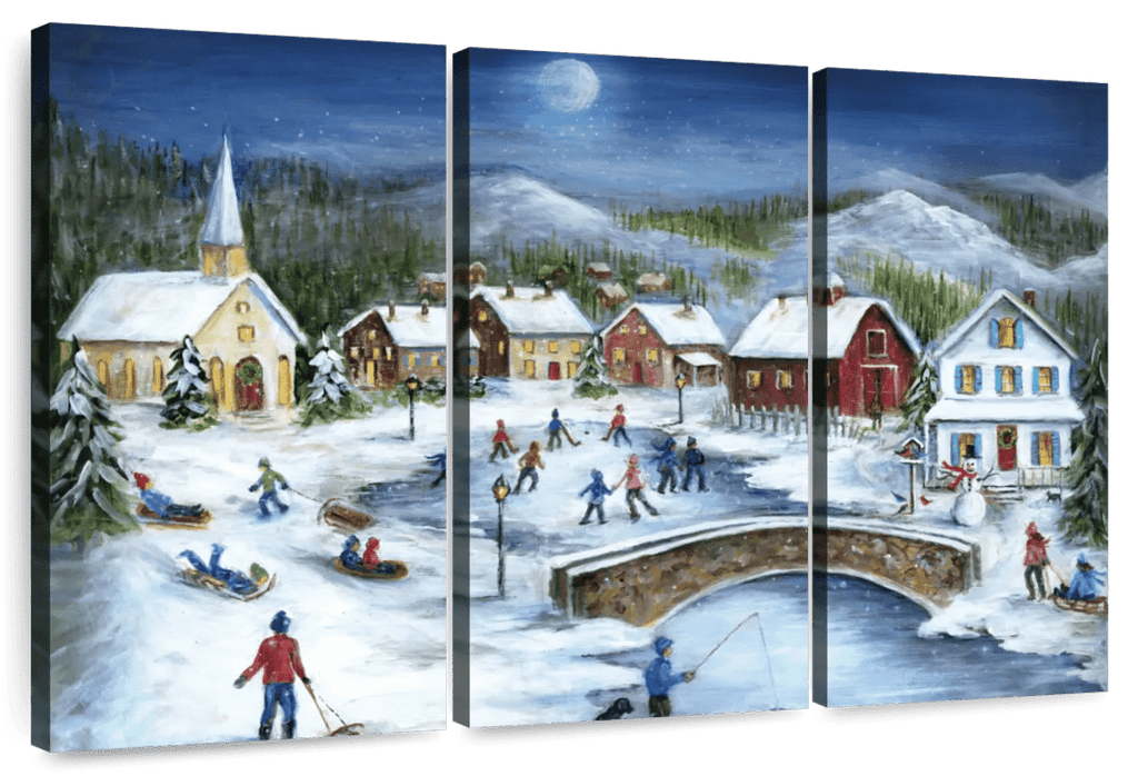 Elephant Stock Moonlit Skaters Wall Art - Horizontal Multi Panel Canvas - Living Room Wall Decor - Holiday Multi Panel - Blue And White Decor By Marilyn Dunlap - 74" x 48"