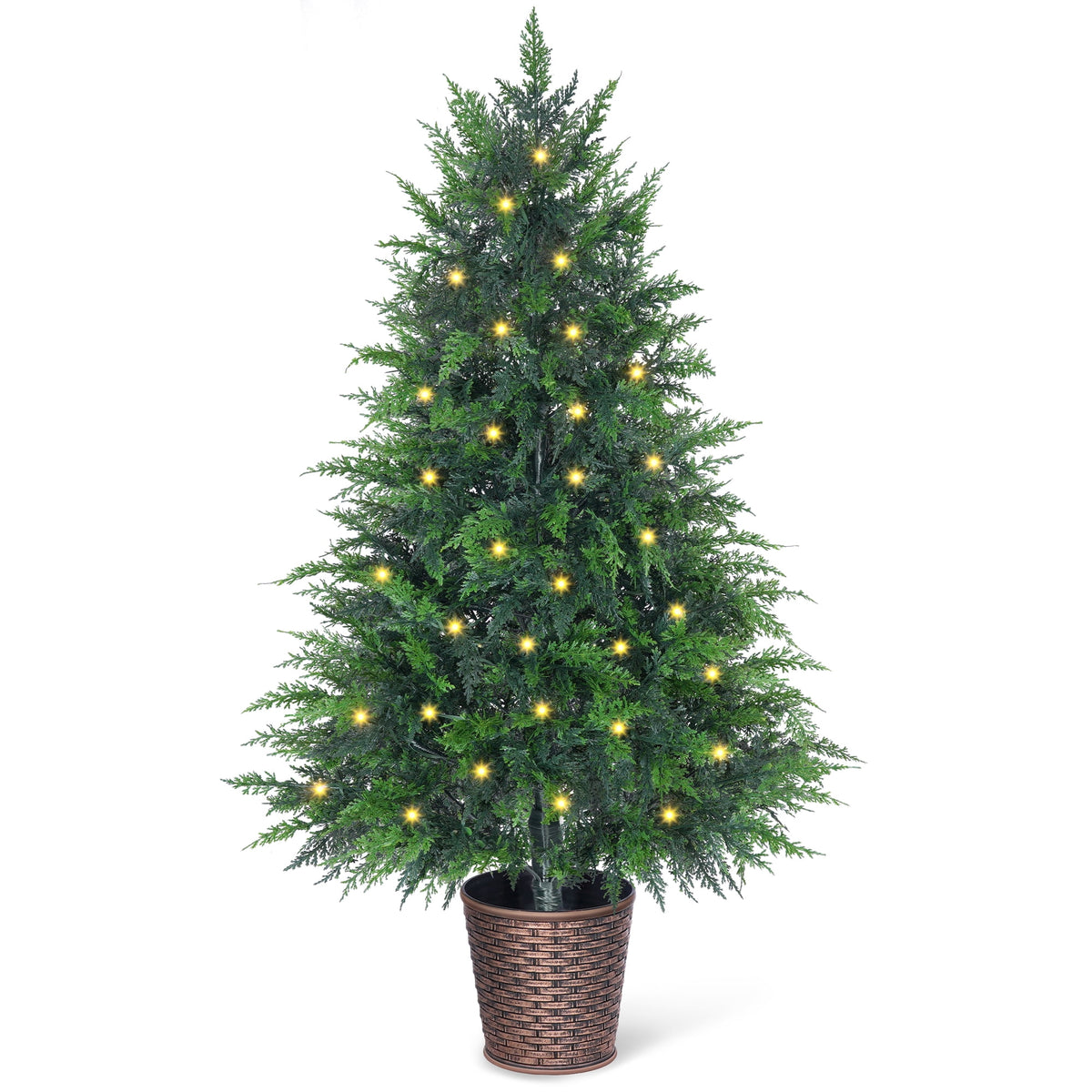 Firstness 4Ft Pre-Lit Potted Christmas Trees with 8 Lighting Modes, PE Cypress Artificial Tree for Porch Entryway Indoor Outdoor Decor