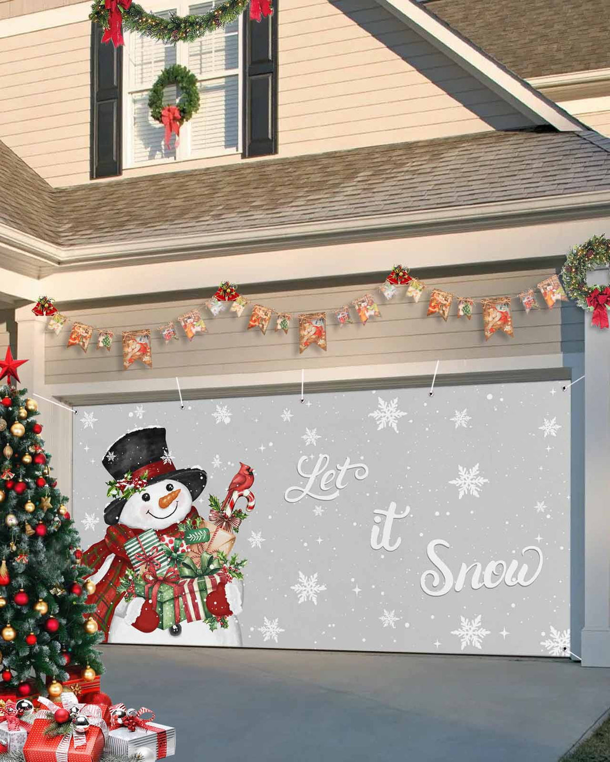Fsddascl 7 x 16 Ft Christmas Garage Door Cover, Black Christmas Tree Large Garage Door Banner, Xmas Snowflake Green Golden Hanging Garage Mural Background for Indoor Outdoor Xmas Party Supplies