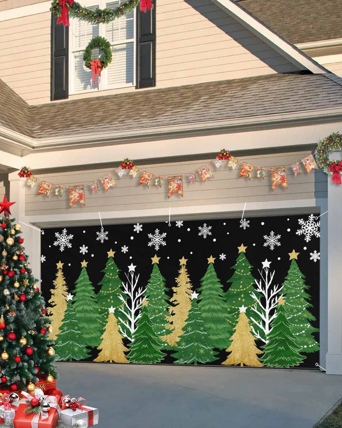 Fsddascl 7 x 16 Ft Christmas Garage Door Cover, Black Christmas Tree Large Garage Door Banner, Xmas Snowflake Green Golden Hanging Garage Mural Background for Indoor Outdoor Xmas Party Supplies