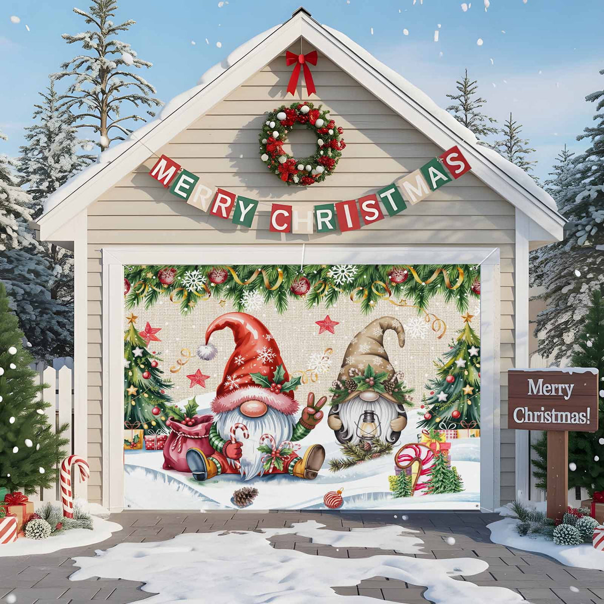 Fsddascl 7 x 16 Ft Christmas Garage Door Cover, Black Christmas Tree Large Garage Door Banner, Xmas Snowflake Green Golden Hanging Garage Mural Background for Indoor Outdoor Xmas Party Supplies