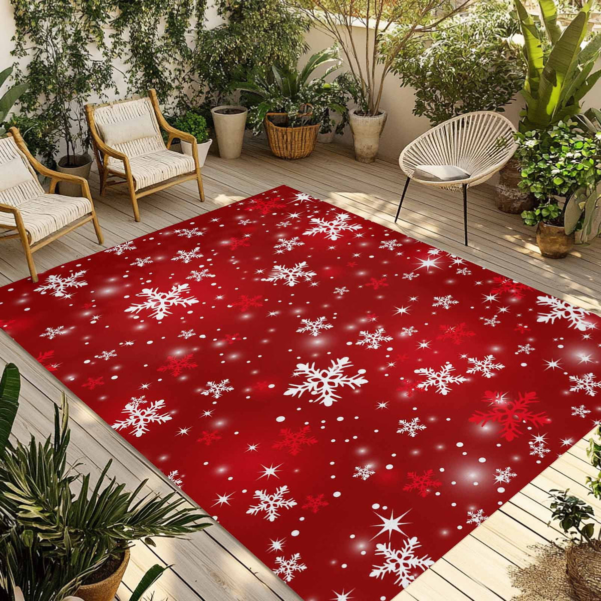 Fsddascl Red Snowflake Christmas Outdoor Rug for Patio/Deck/Porch, Non-Slip Large Area Rug 4 x 6 Ft, Winter Xmas Snowflake Indoor Outdoor Rugs Washable Area Rugs, Reversible Camping Rug Carpet Runner