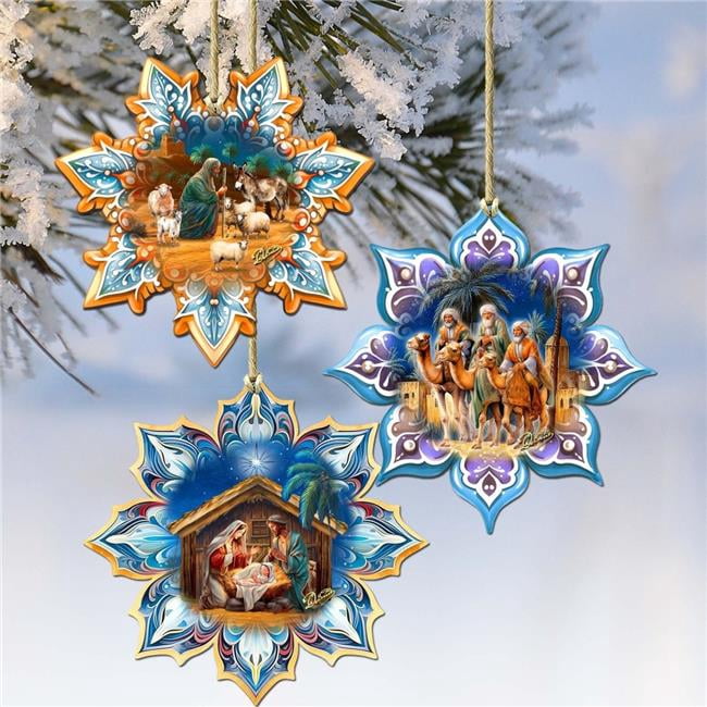 G. Debrekht 8090153-S3 Nativity Snowflake Wooden Ornaments Set of 3 by G. Debrekht - Nativity Holiday Decor