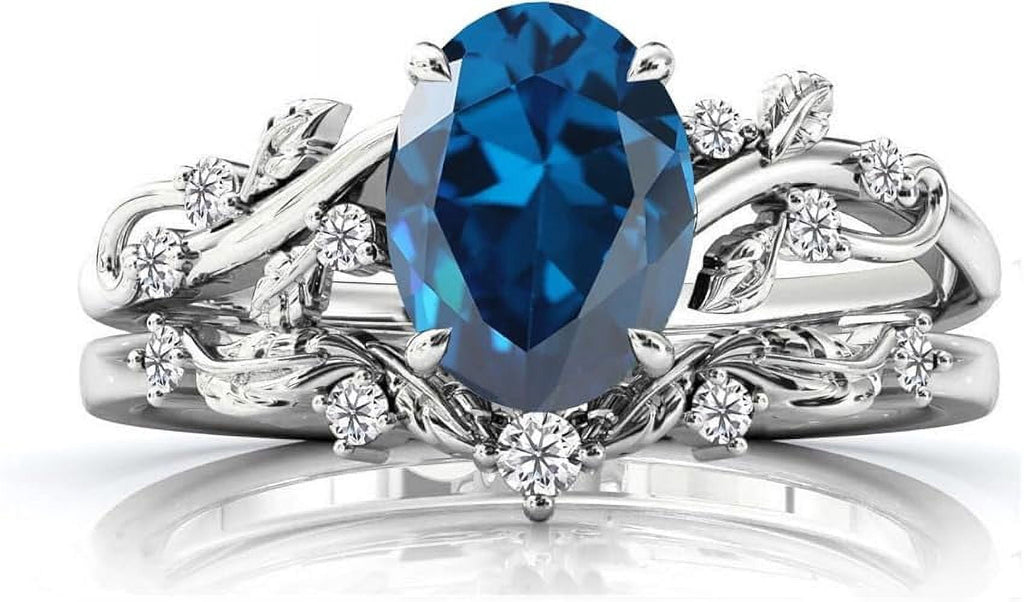 Gems Jewels Women's 925 Sterling Silver 2.25 Ct Oval Cut Blue Sapphire Christmas Thanksgiving Engagement Bridal Ring Set 14K White Gold Plated -4