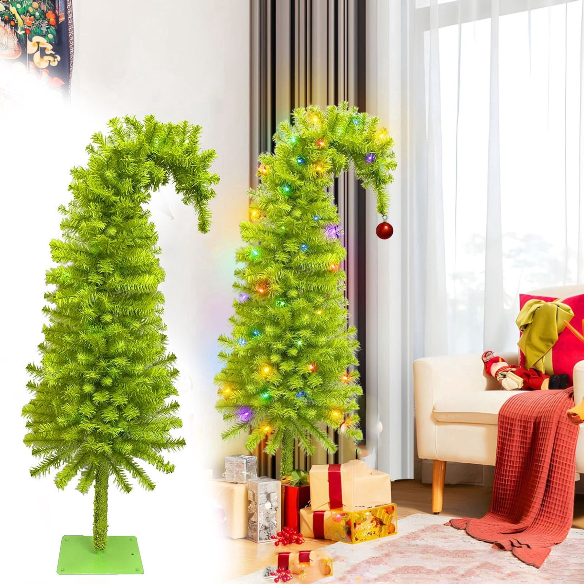 GoLucid 3ft Bent Top Greenery Christmas Tree with Multicolor LED Lights, 90cm High Density Green Curved Leaning Whimsical Xmas Tree for Indoor Holiday Decor